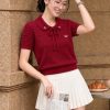 Áo Len Nữ Cộc Tay Cổ Sen Thắt Nơ Dệt Kim Họa Tiết Thanh Lịch EVALOVER