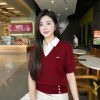 Áo Len Nữ Cộc Tay Cổ V Phối Sơ Mi Trắng Dệt Kim Thanh Lịch EVALOVER